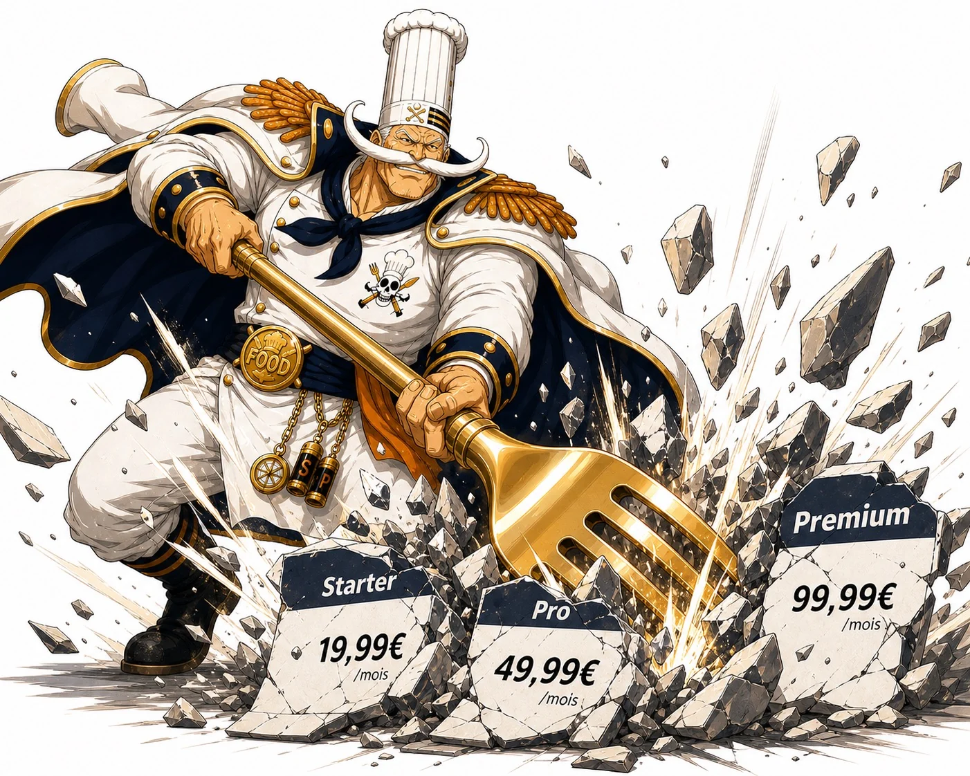 Captain Food smashes a price list of three paid plans (Starter, Pro, Premium) with one blow of his fork.